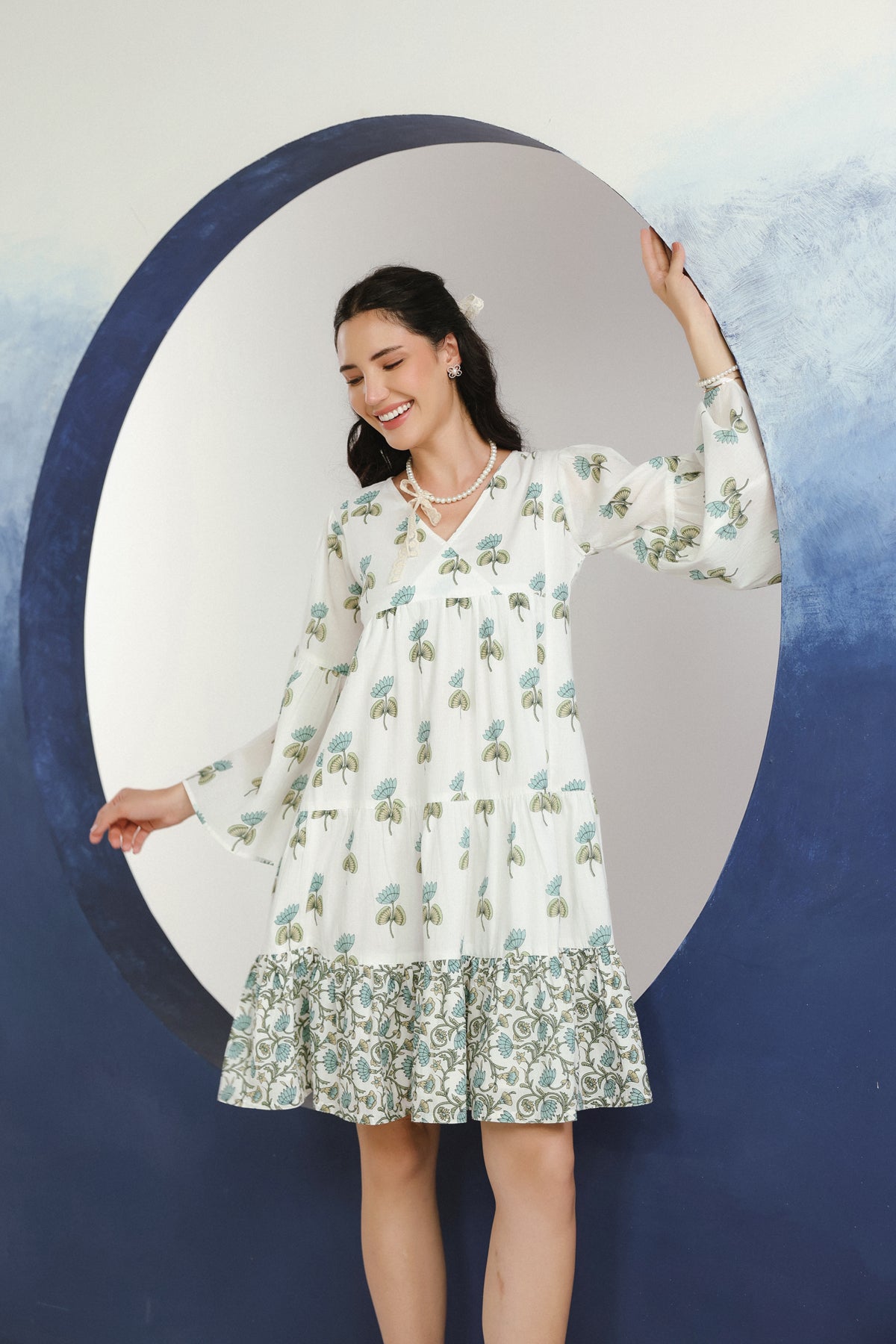 White & Green Floral Printed V-Neck Cotton Short Dress