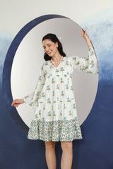 White & Green Floral Printed V-Neck Cotton Short Dress