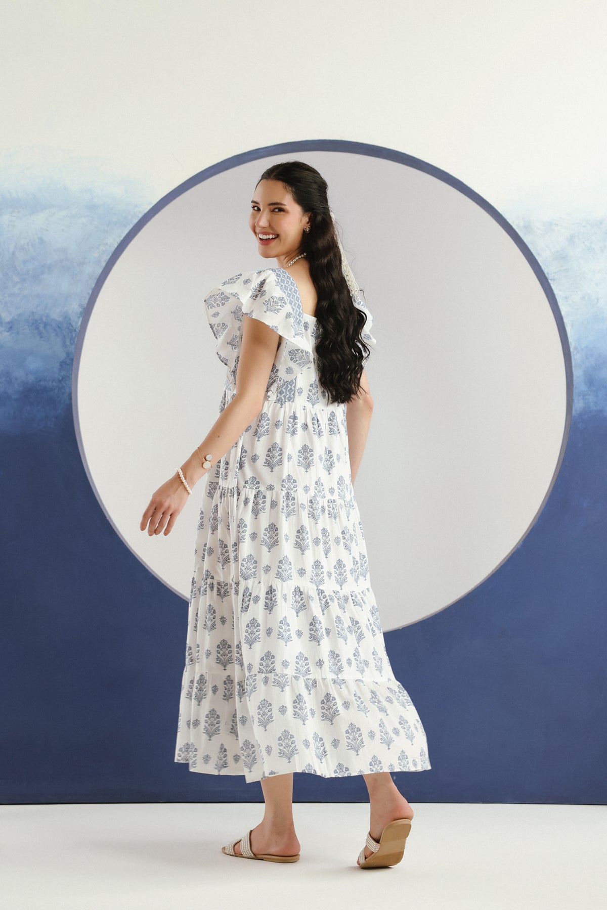 White Blue Floral Printed Square Neck Cotton Maxi Dress