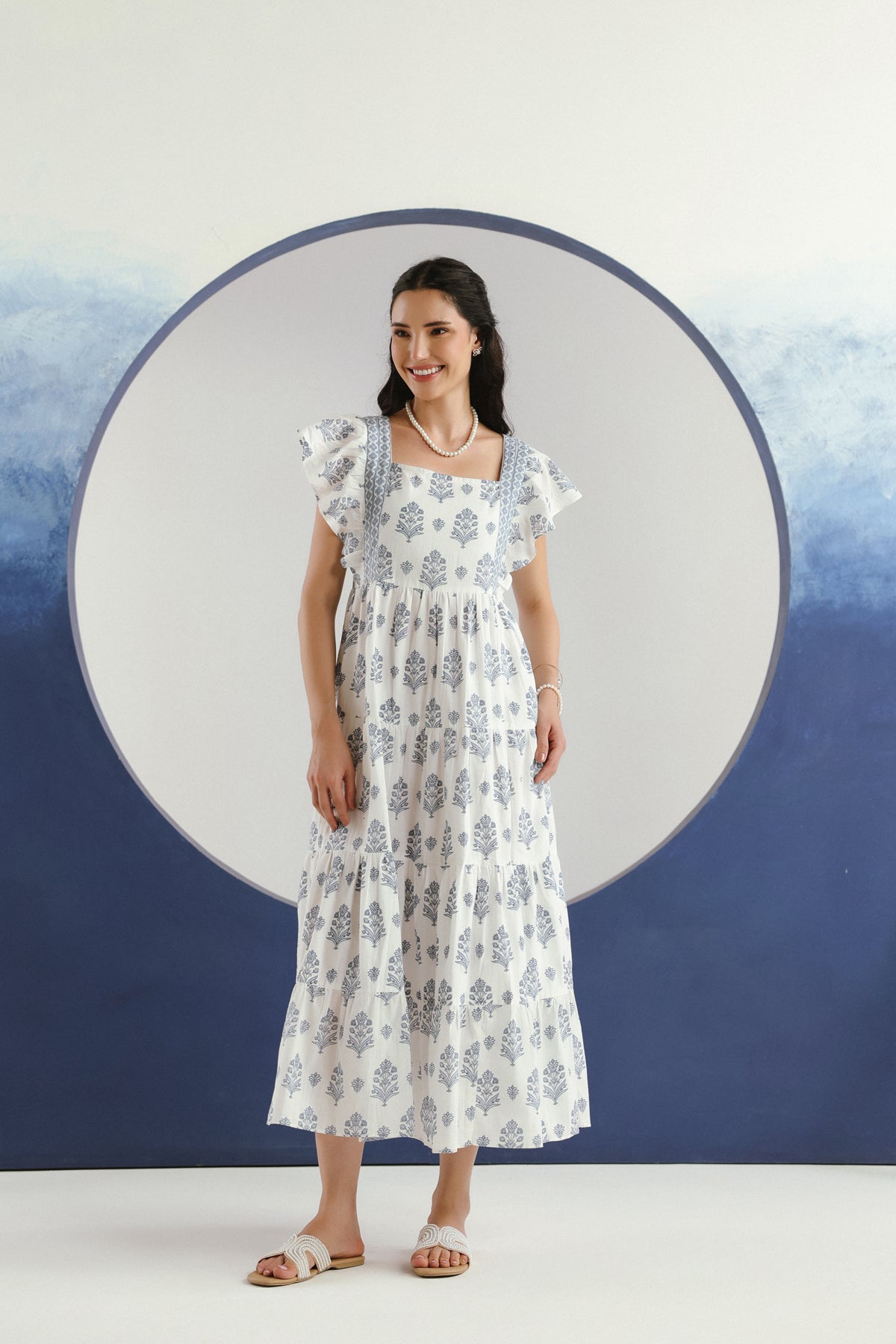 White Blue Floral Printed Square Neck Cotton Maxi Dress