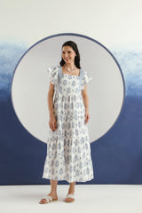 White Blue Floral Printed Square Neck Cotton Maxi Dress