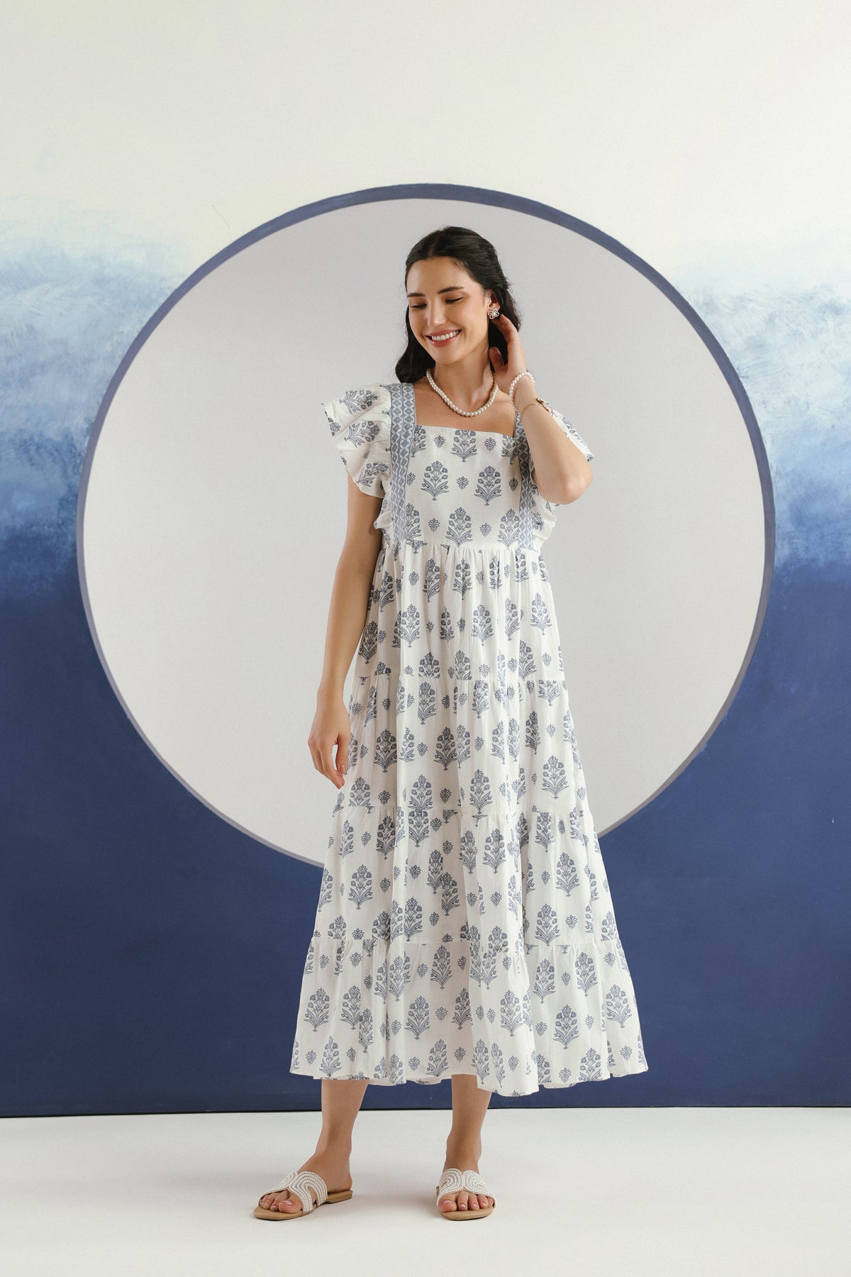 White Blue Floral Printed Square Neck Cotton Maxi Dress