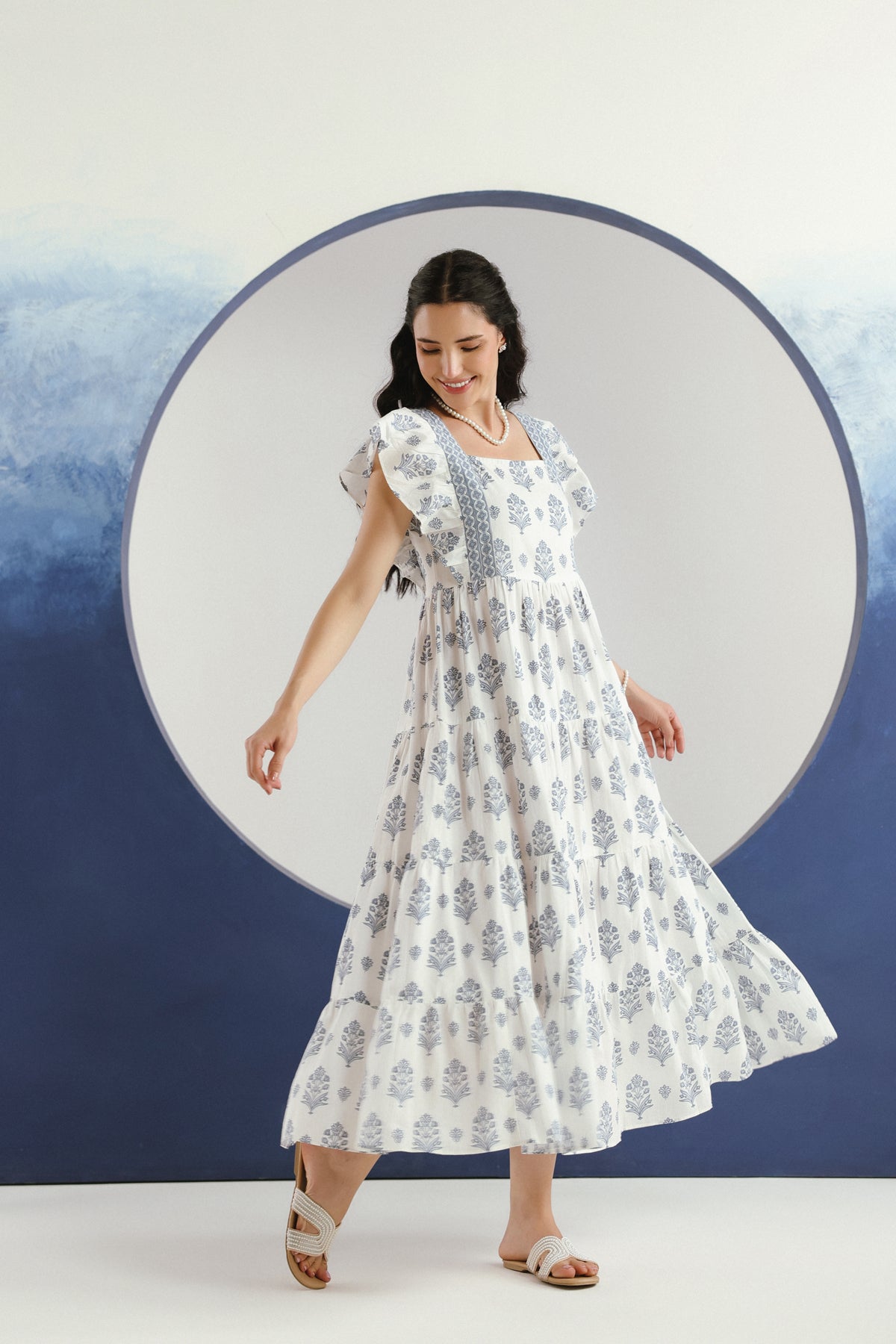 White Blue Floral Printed Square Neck Cotton Maxi Dress