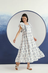 White Blue Floral Printed Square Neck Cotton Maxi Dress