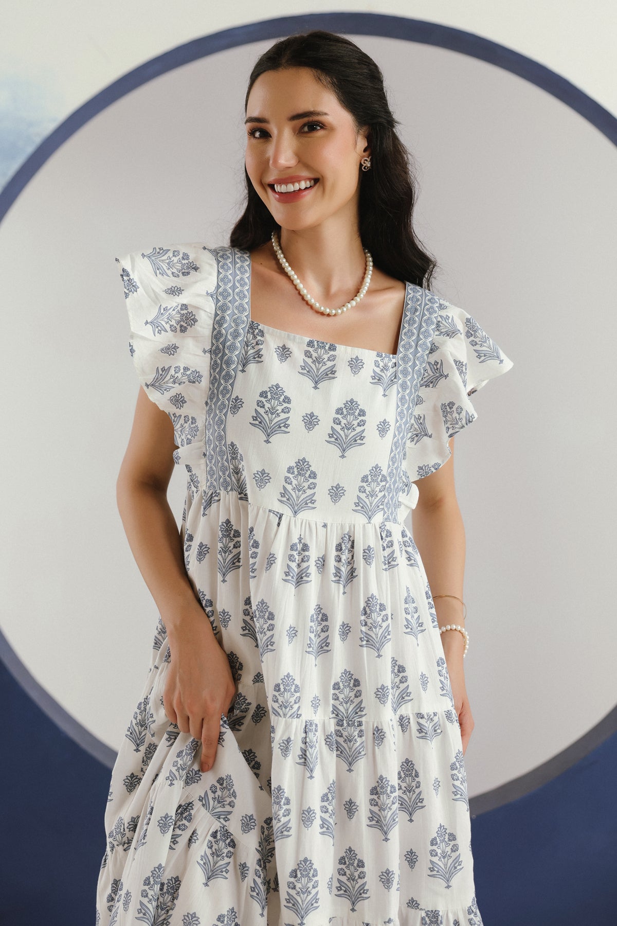 White Blue Floral Printed Square Neck Cotton Maxi Dress