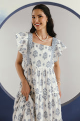 White Blue Floral Printed Square Neck Cotton Maxi Dress