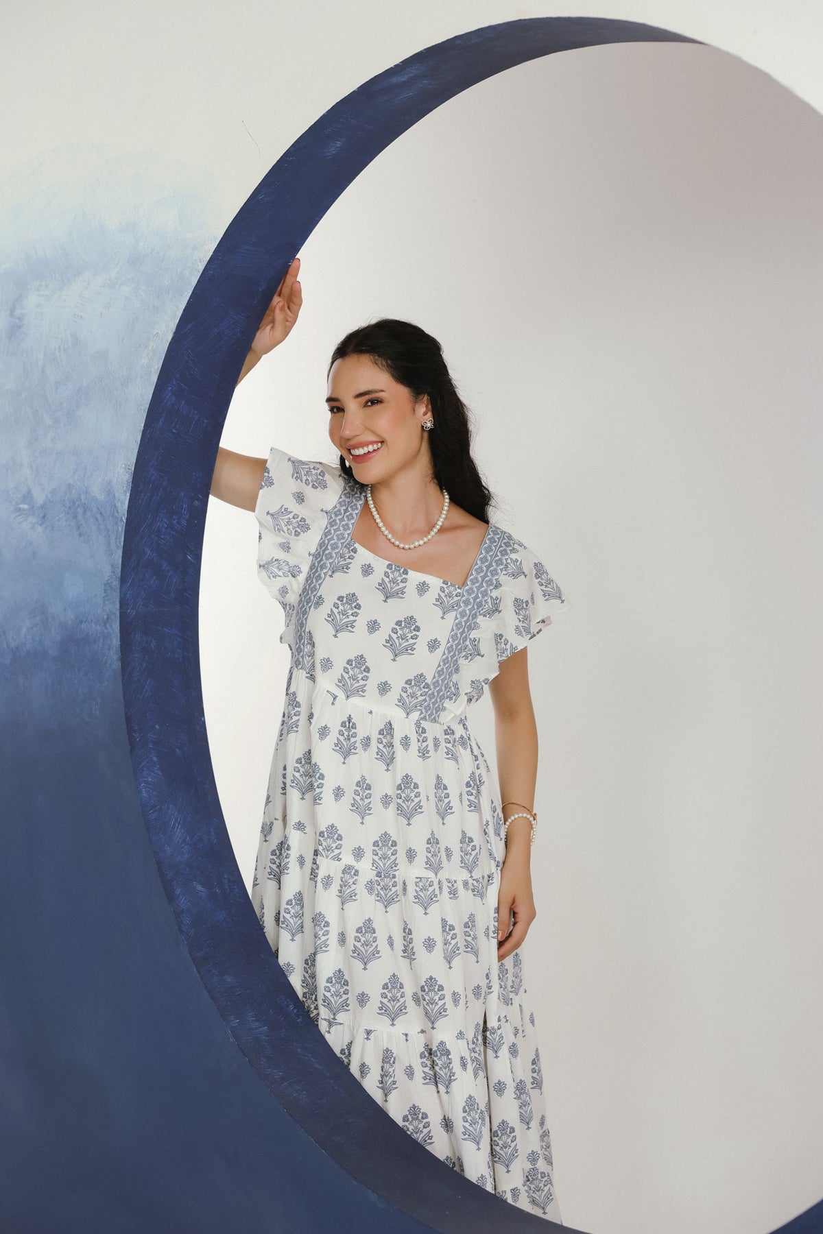 White Blue Floral Printed Square Neck Cotton Maxi Dress