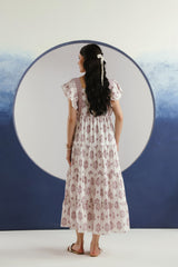 White Purple Floral Printed Square Neck Cotton Maxi Dress