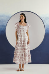 White Purple Floral Printed Square Neck Cotton Maxi Dress