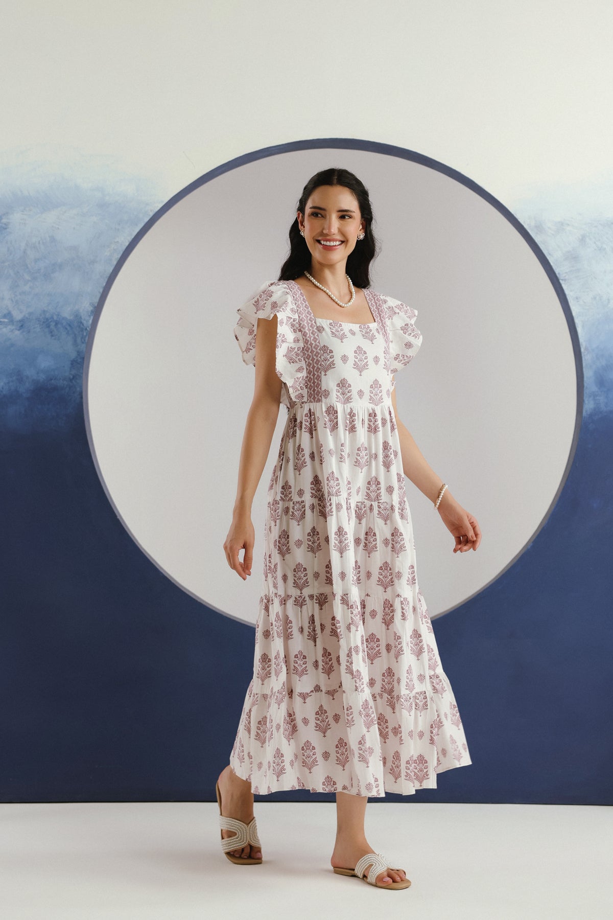 White Purple Floral Printed Square Neck Cotton Maxi Dress