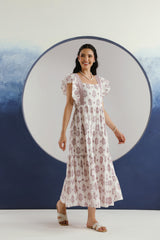 White Purple Floral Printed Square Neck Cotton Maxi Dress
