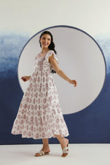 White Purple Floral Printed Square Neck Cotton Maxi Dress
