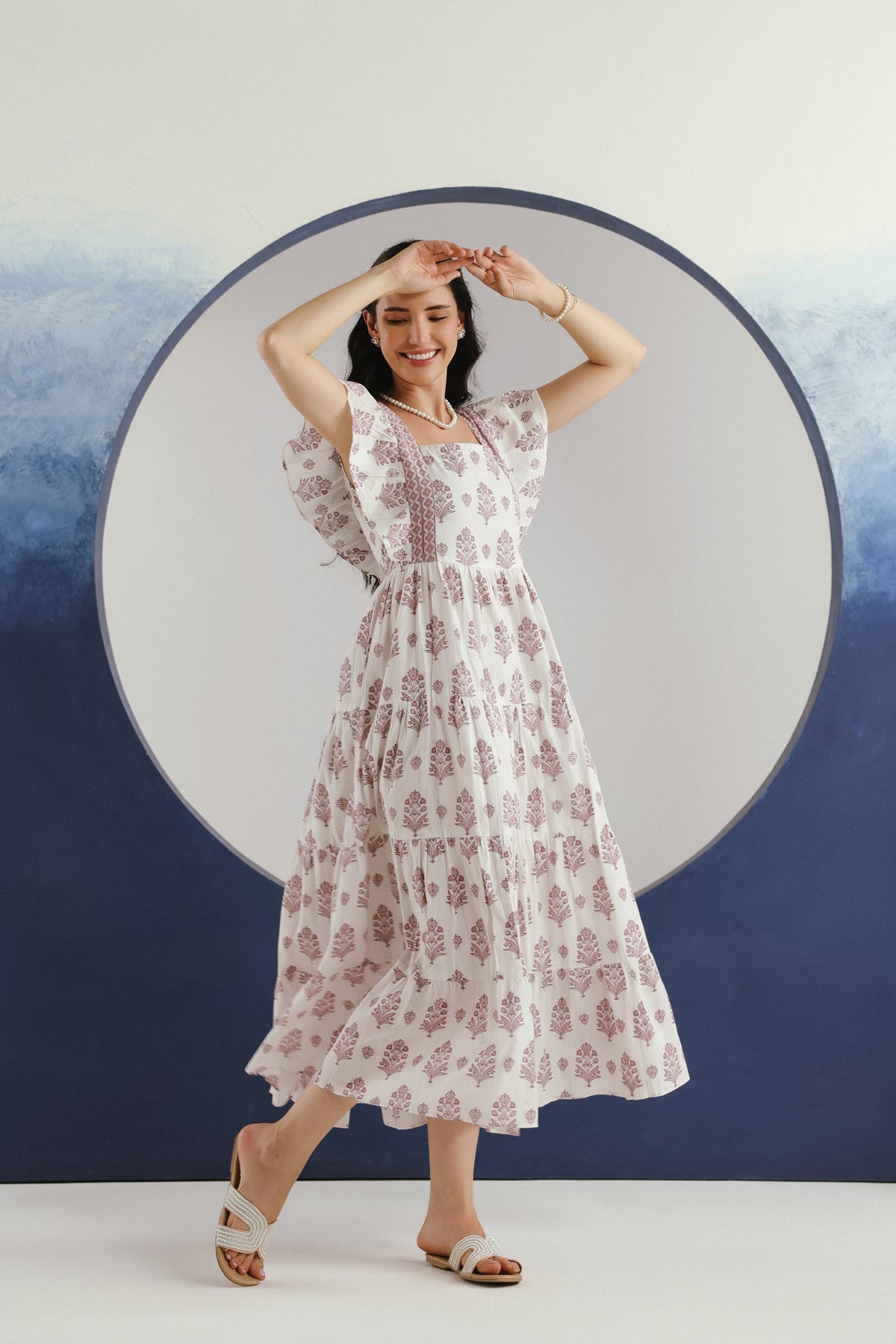 White Purple Floral Printed Square Neck Cotton Maxi Dress