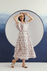 White Purple Floral Printed Square Neck Cotton Maxi Dress
