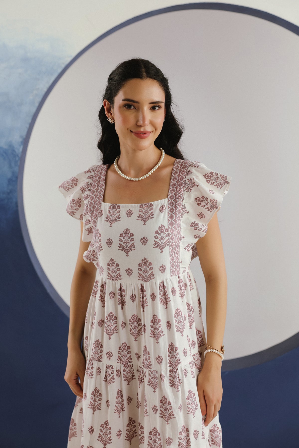 White Purple Floral Printed Square Neck Cotton Maxi Dress