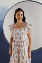 White Purple Floral Printed Square Neck Cotton Maxi Dress