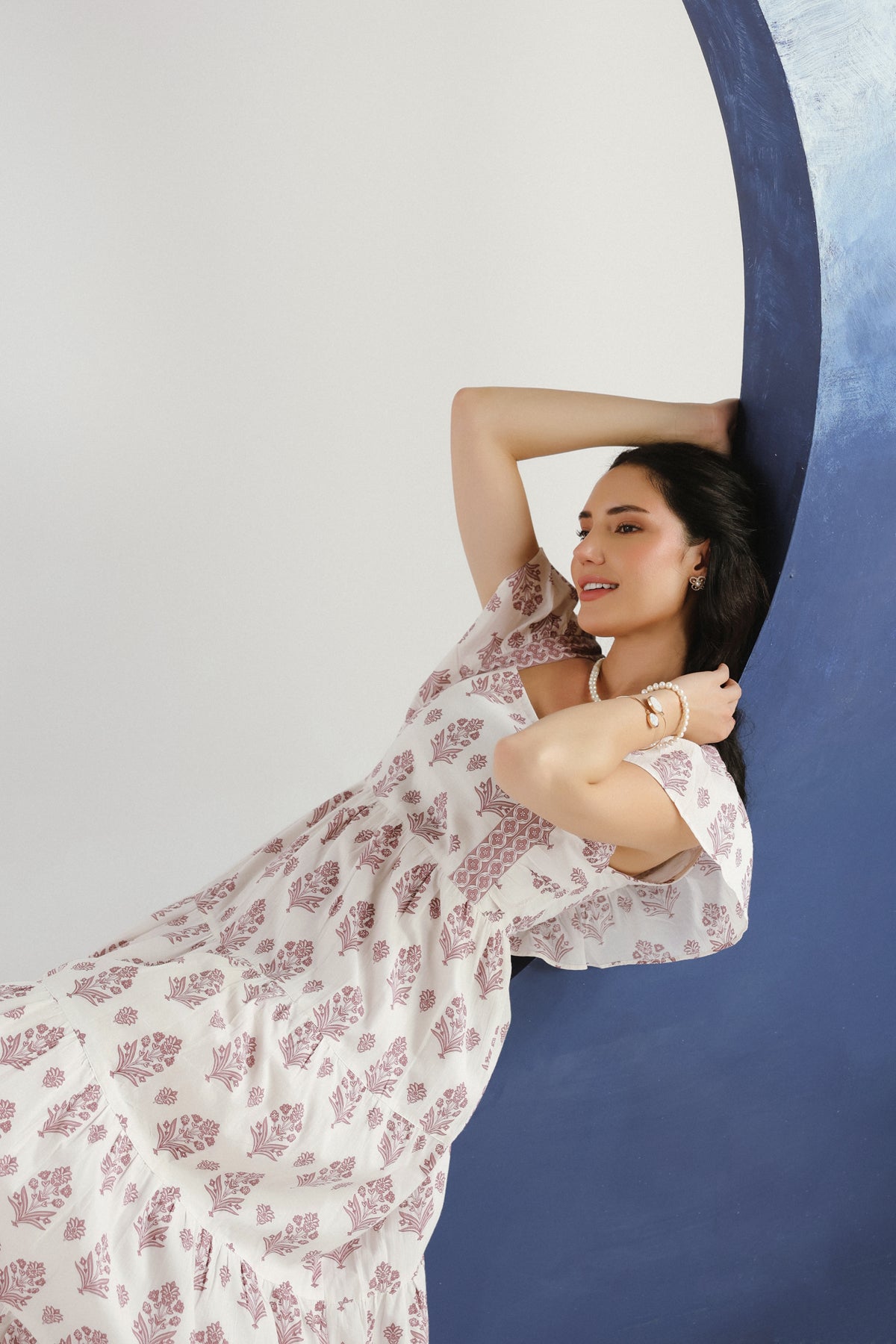 White Purple Floral Printed Square Neck Cotton Maxi Dress