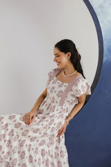 White Purple Floral Printed Square Neck Cotton Maxi Dress