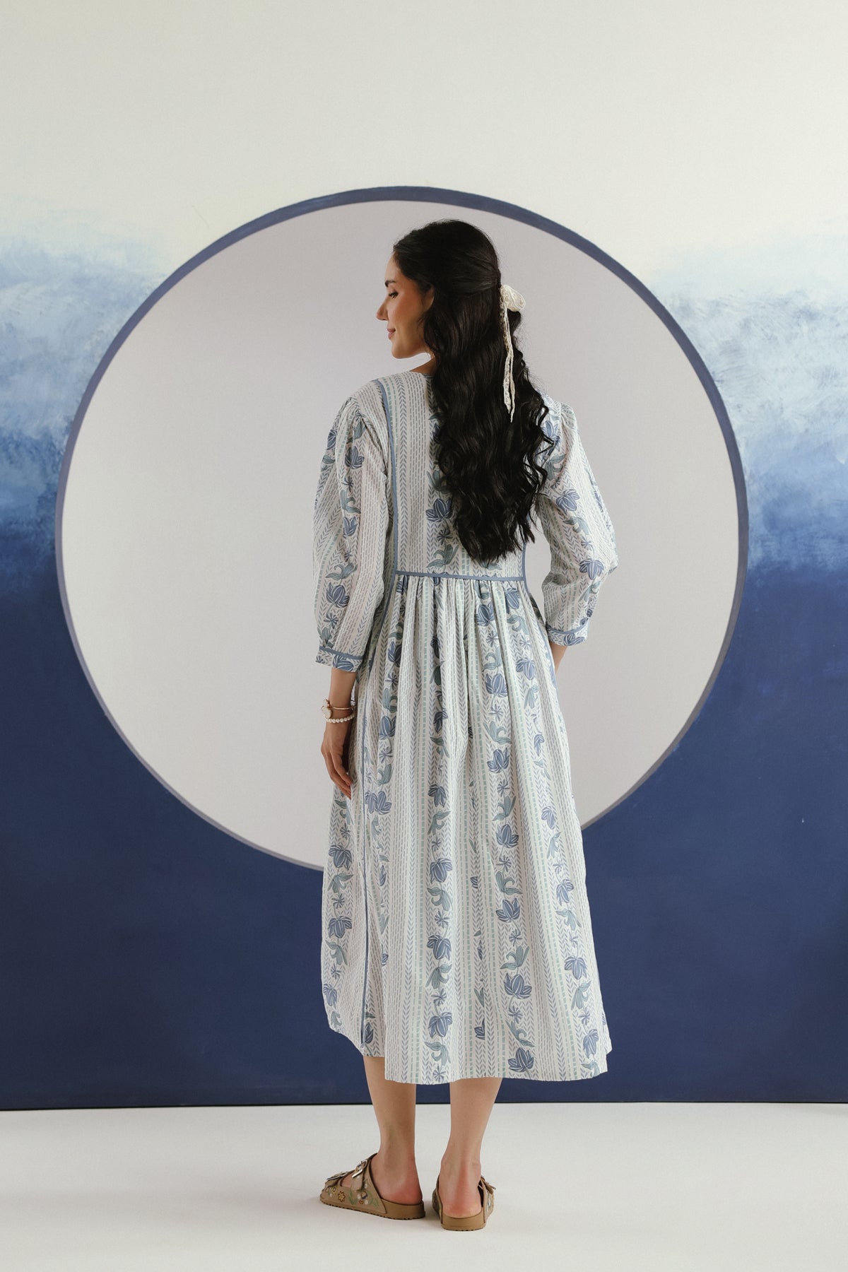 White Blue Floral Printed Cotton Maxi Dress