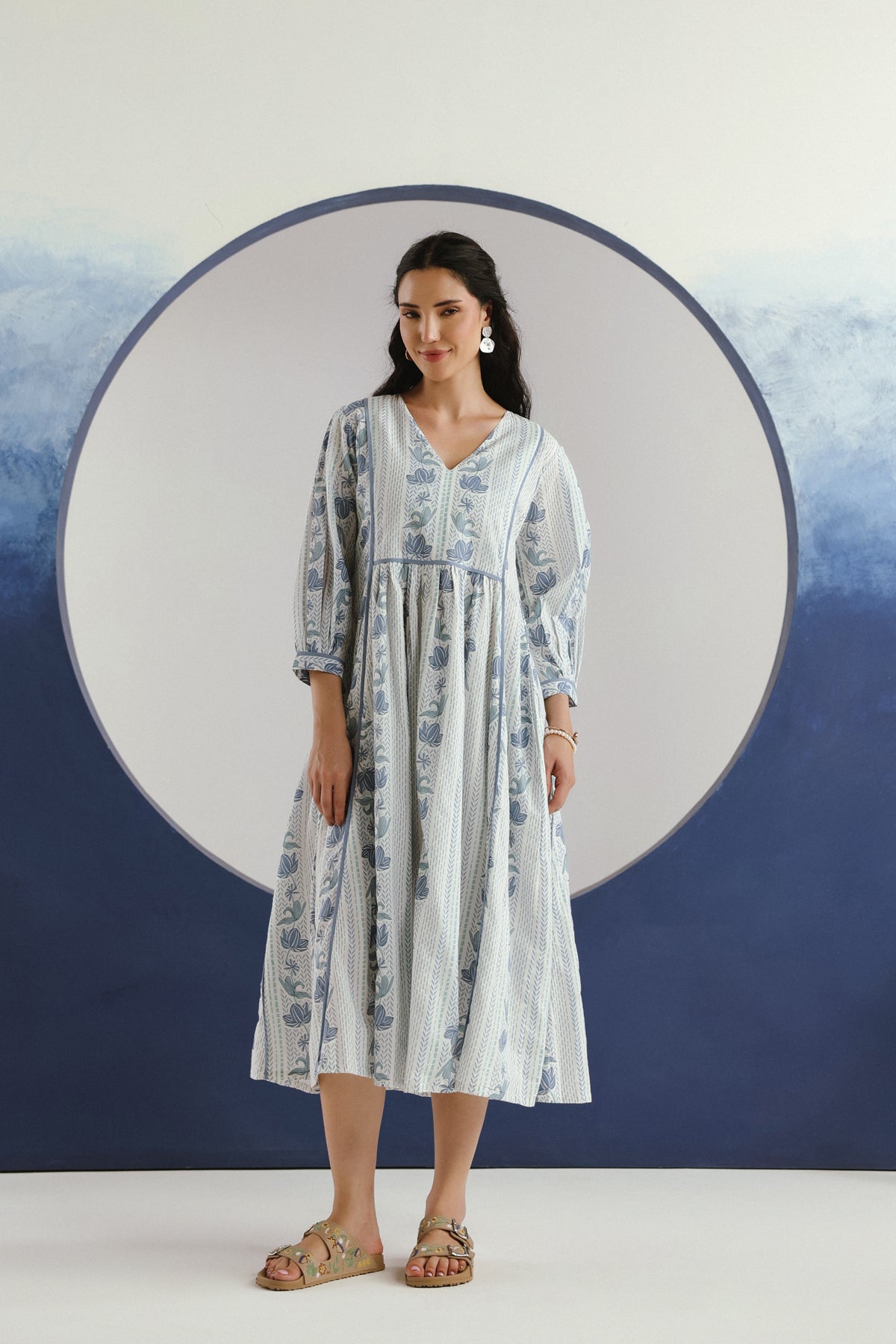 White Blue Floral Printed Cotton Maxi Dress