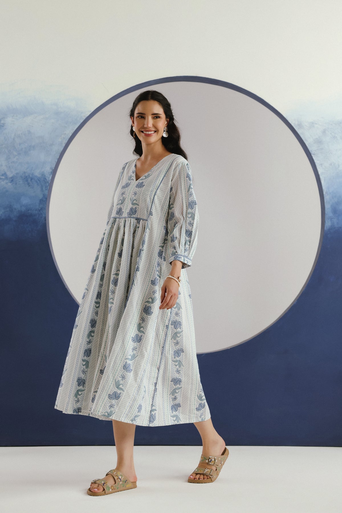 White Blue Floral Printed Cotton Maxi Dress