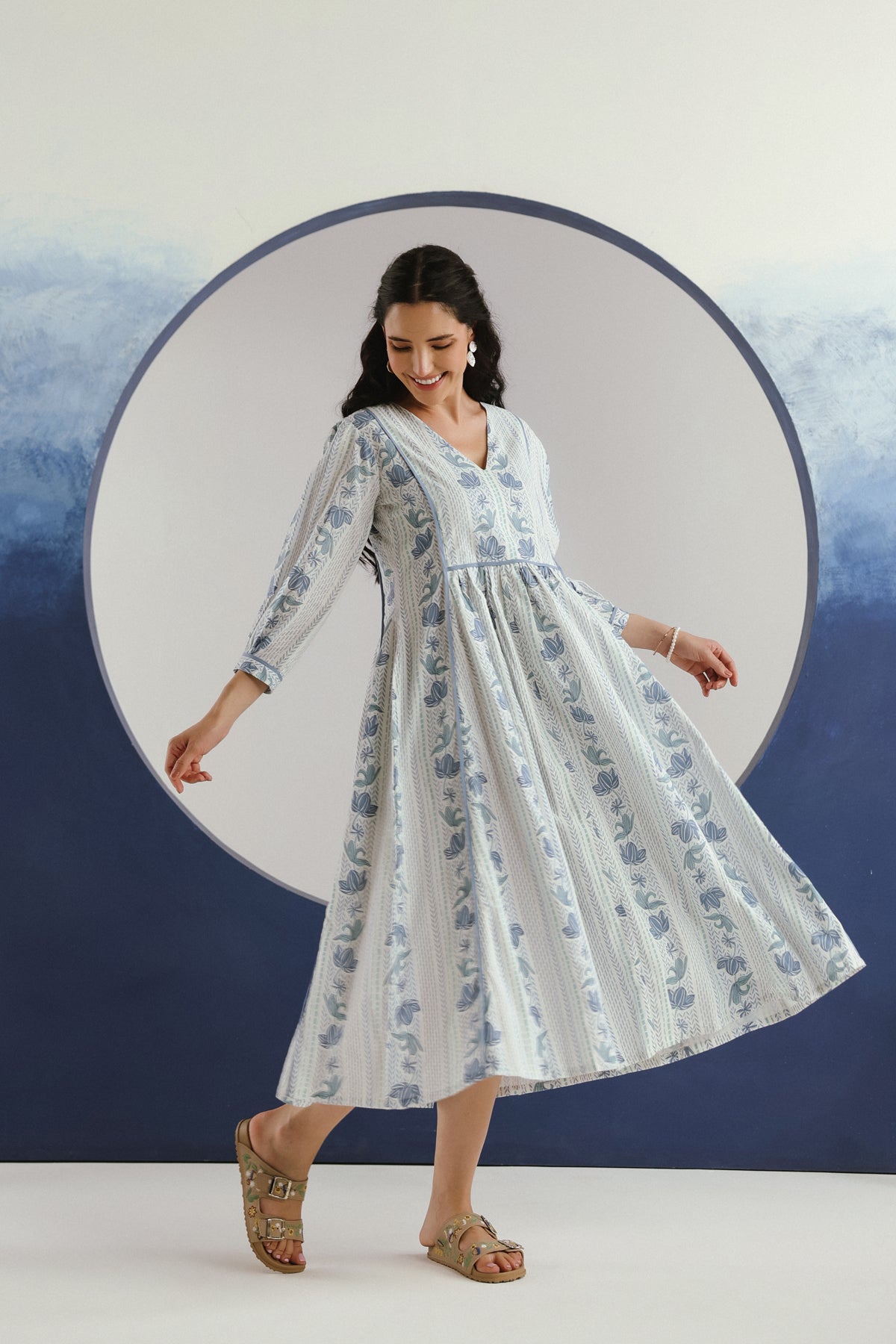 White Blue Floral Printed Cotton Maxi Dress
