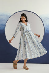 White Blue Floral Printed Cotton Maxi Dress