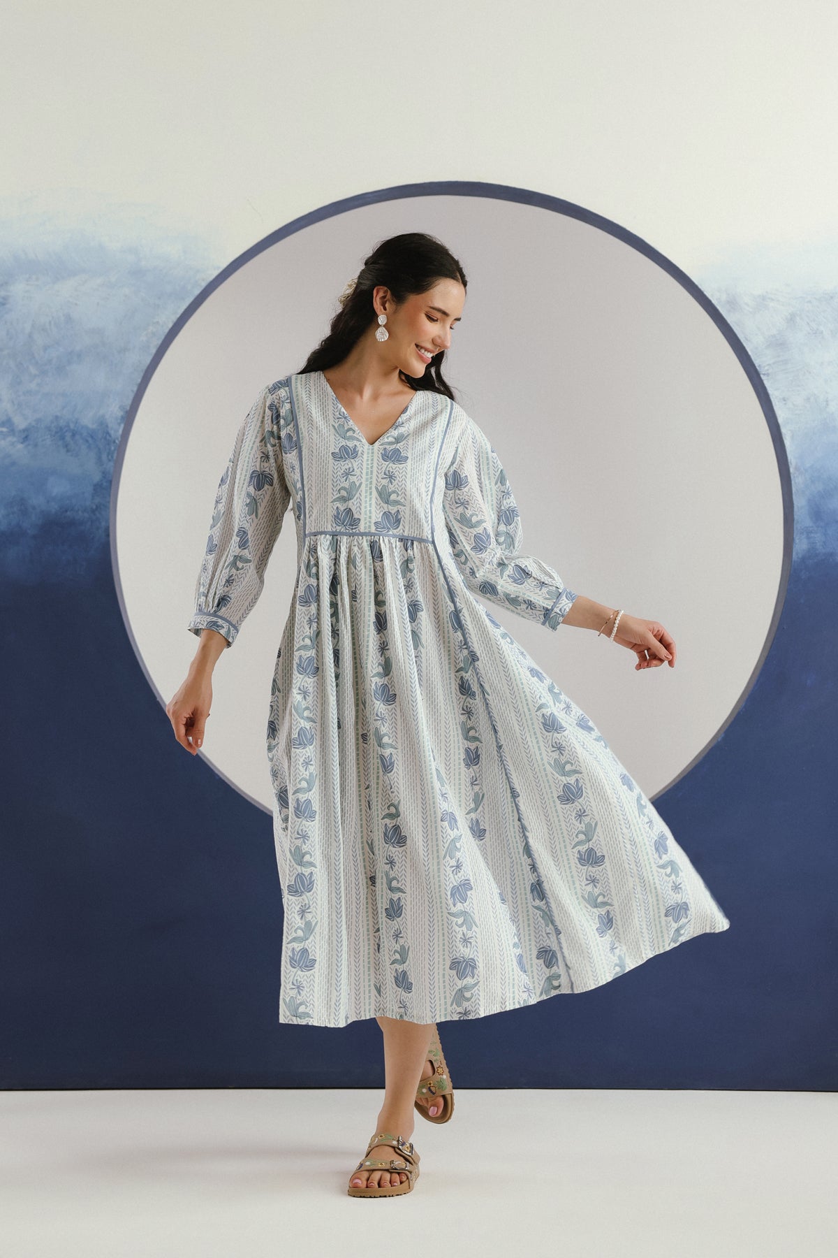 White Blue Floral Printed Cotton Maxi Dress