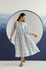 White Blue Floral Printed Cotton Maxi Dress