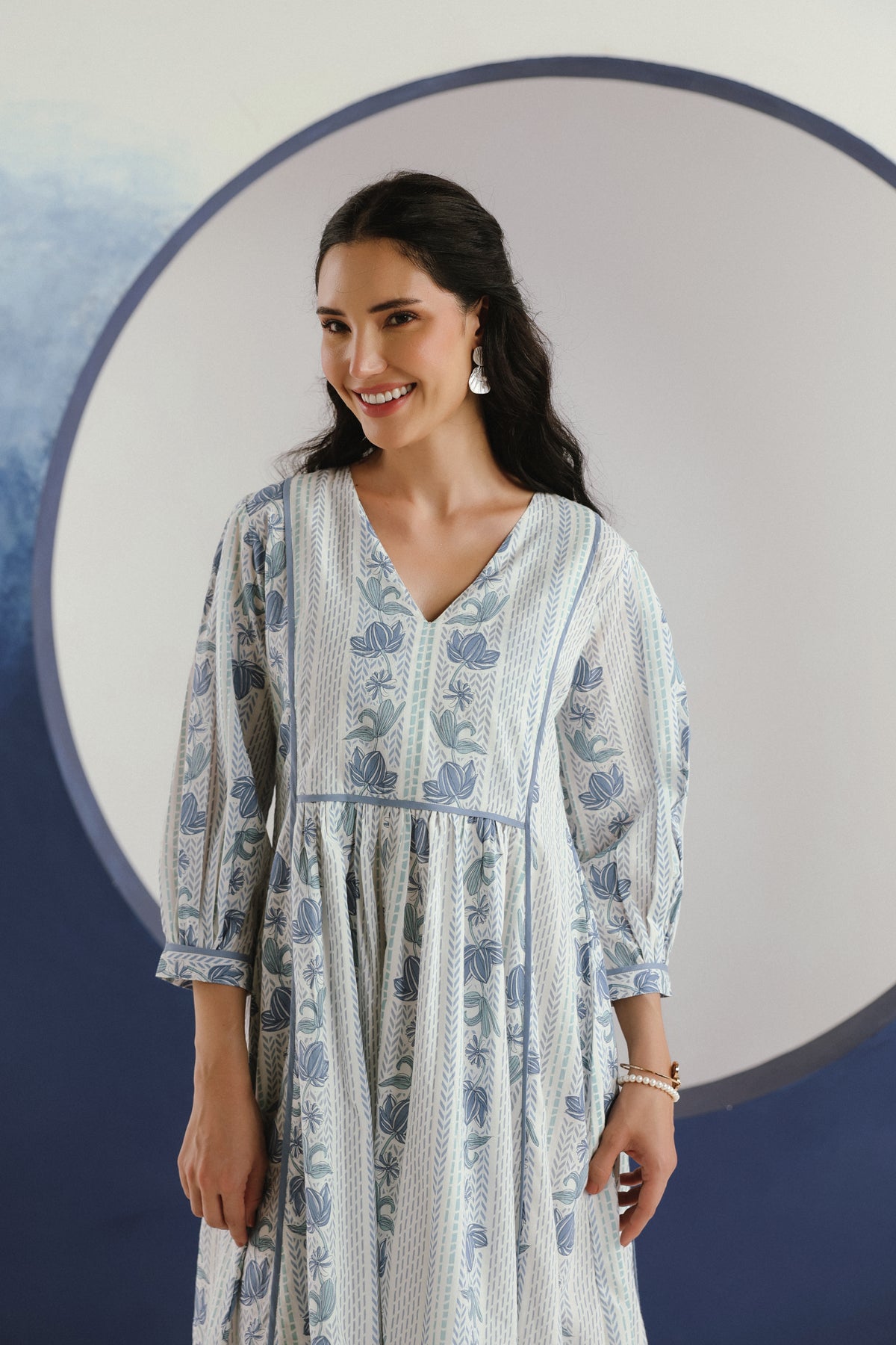 White Blue Floral Printed Cotton Maxi Dress