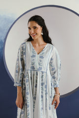 White Blue Floral Printed Cotton Maxi Dress