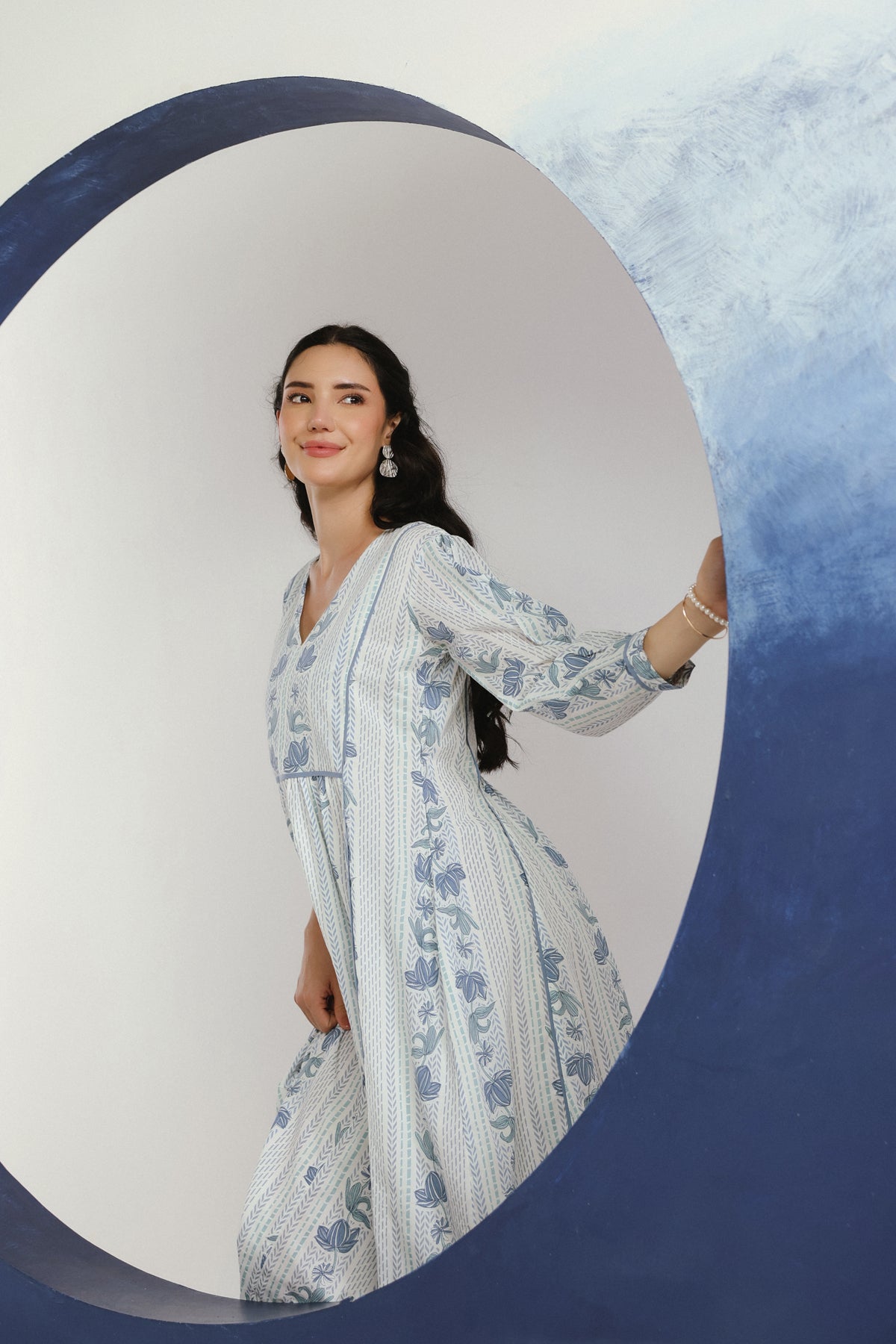 White Blue Floral Printed Cotton Maxi Dress