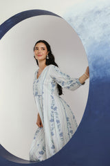 White Blue Floral Printed Cotton Maxi Dress