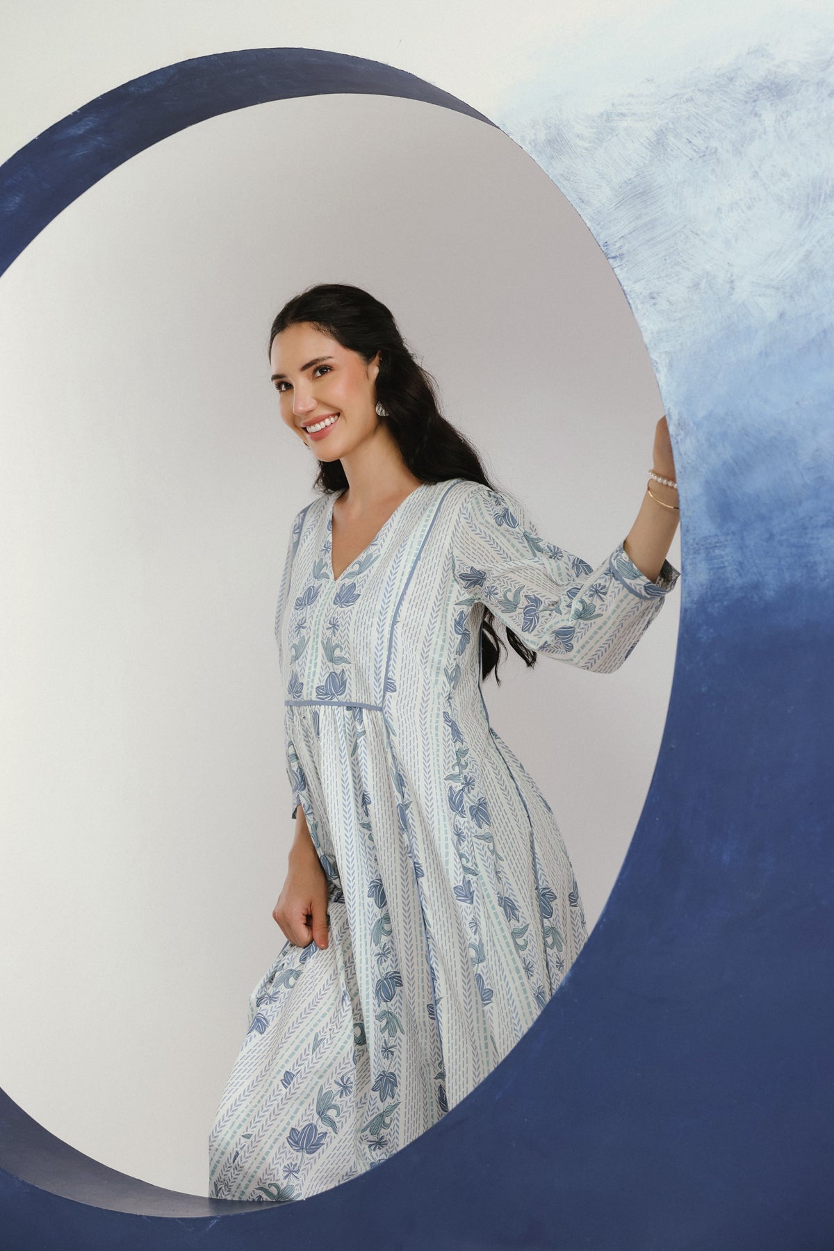 White Blue Floral Printed Cotton Maxi Dress
