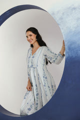 White Blue Floral Printed Cotton Maxi Dress