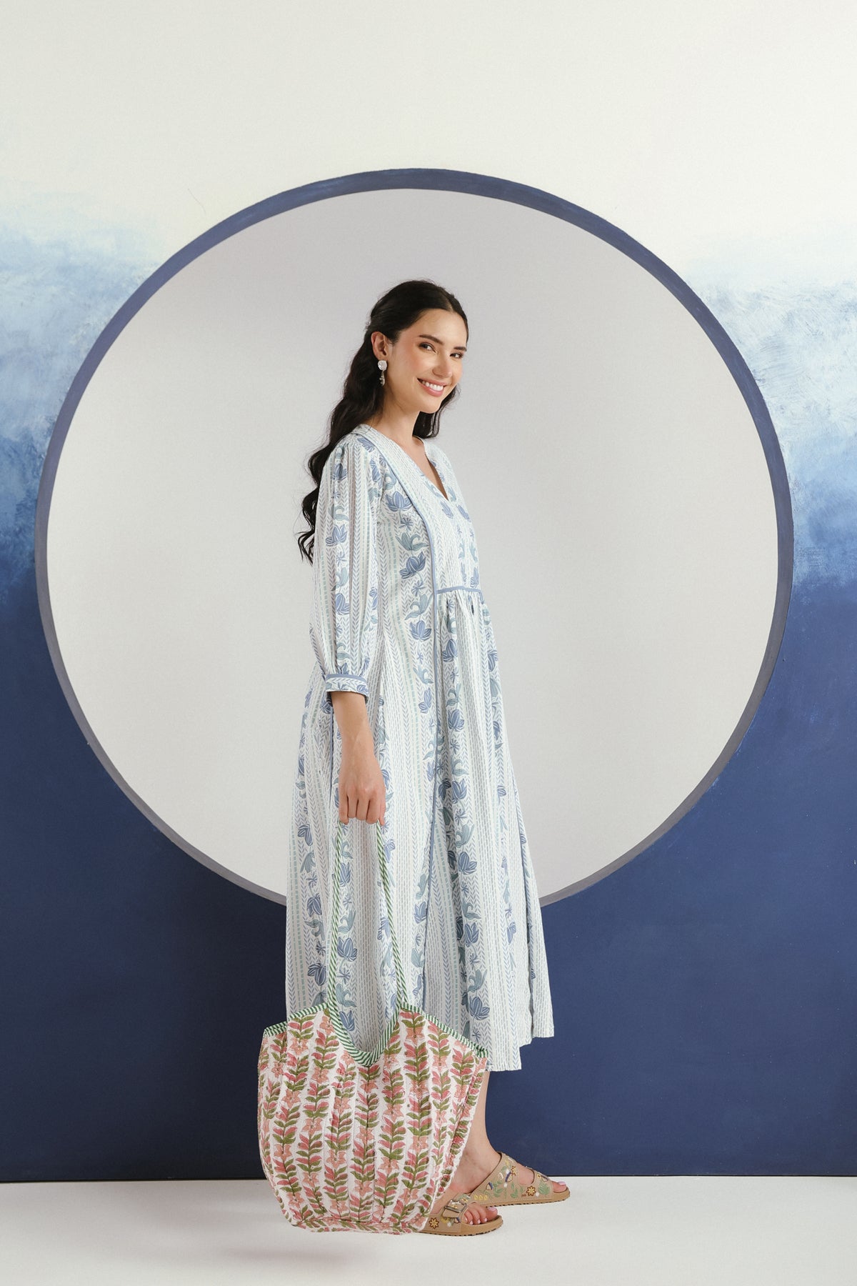White Blue Floral Printed Cotton Maxi Dress