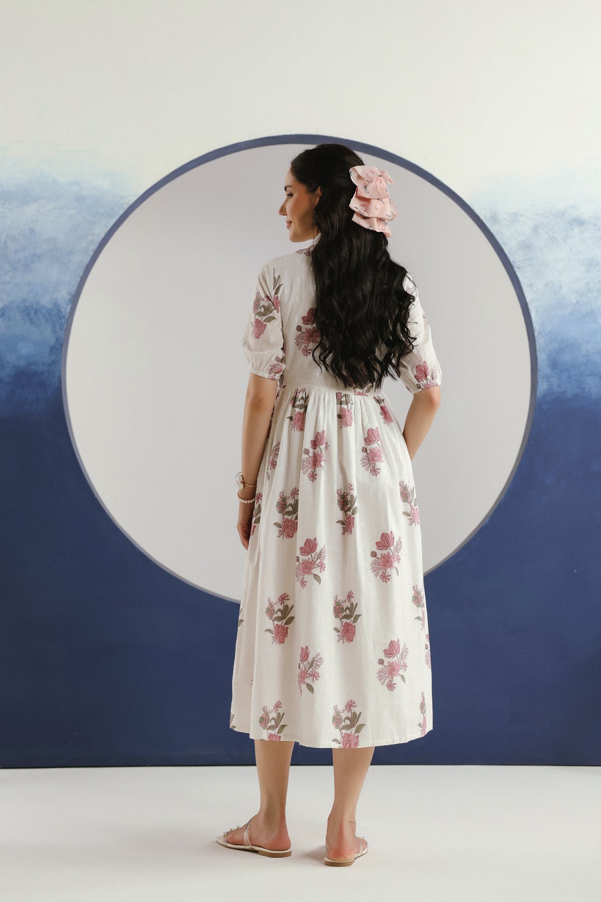 White & Purple Floral Printed Collar Cotton Midi Dress
