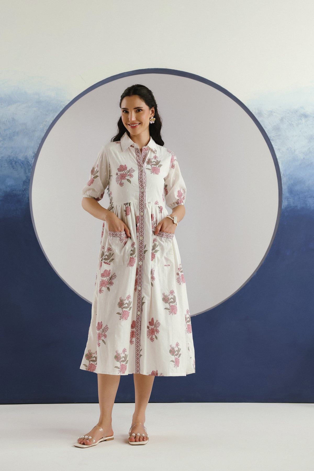 White & Purple Floral Printed Collar Cotton Midi Dress