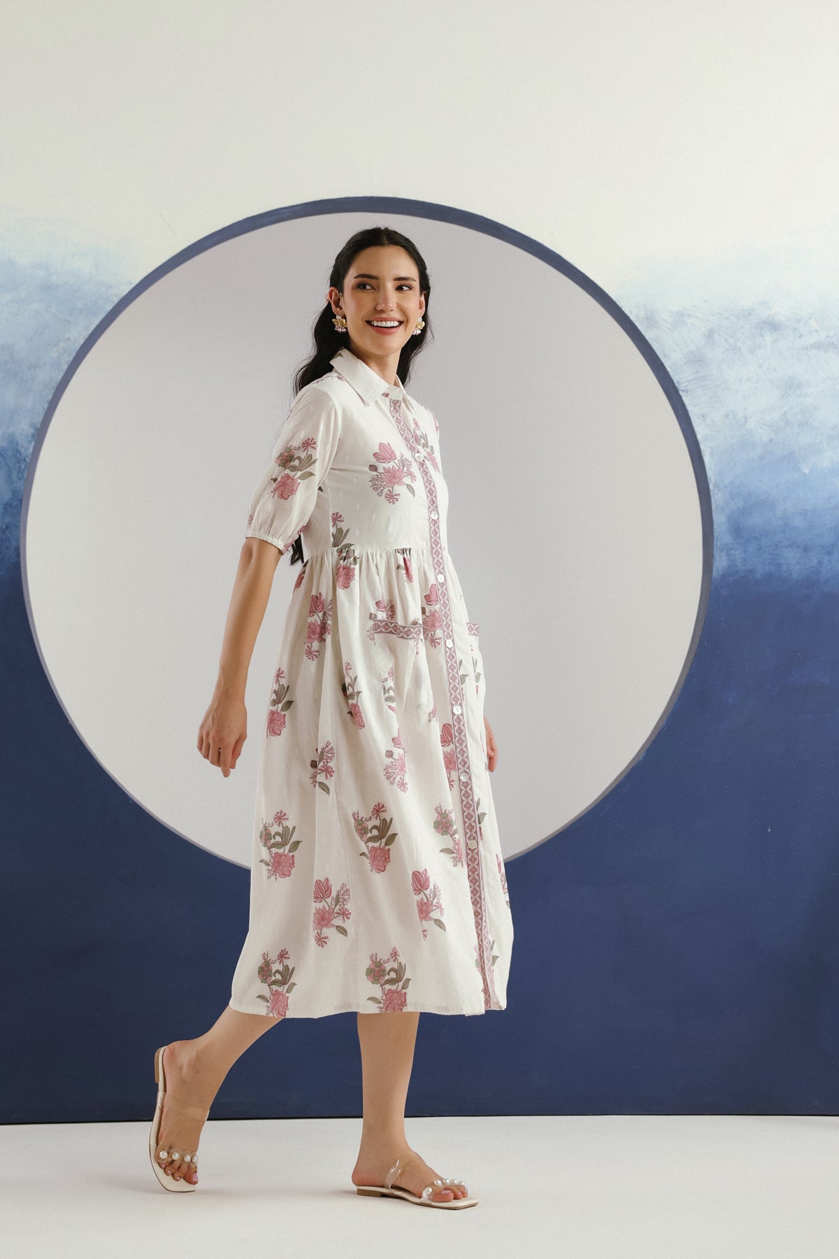 White & Purple Floral Printed Collar Cotton Midi Dress