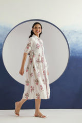 White & Purple Floral Printed Collar Cotton Midi Dress