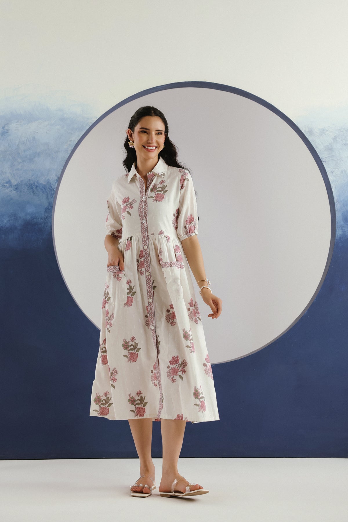White & Purple Floral Printed Collar Cotton Midi Dress