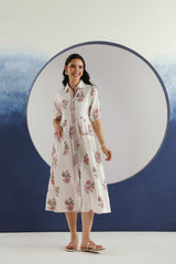White & Purple Floral Printed Collar Cotton Midi Dress