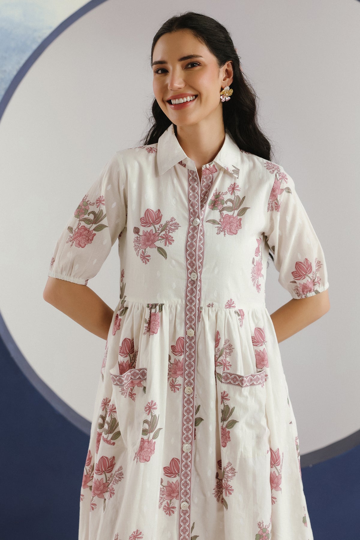 White & Purple Floral Printed Collar Cotton Midi Dress