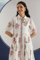 White & Purple Floral Printed Collar Cotton Midi Dress