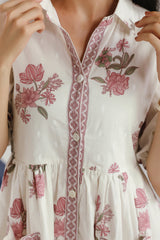 White & Purple Floral Printed Collar Cotton Midi Dress