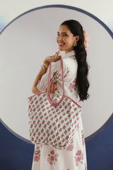 White & Purple Floral Printed Collar Cotton Midi Dress
