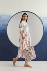 White & Purple Floral Printed Collar Cotton Midi Dress