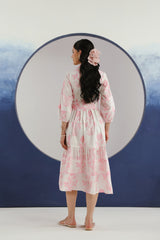White & Pink Floral Printed Mandarin Collar Cotton Midi Dress