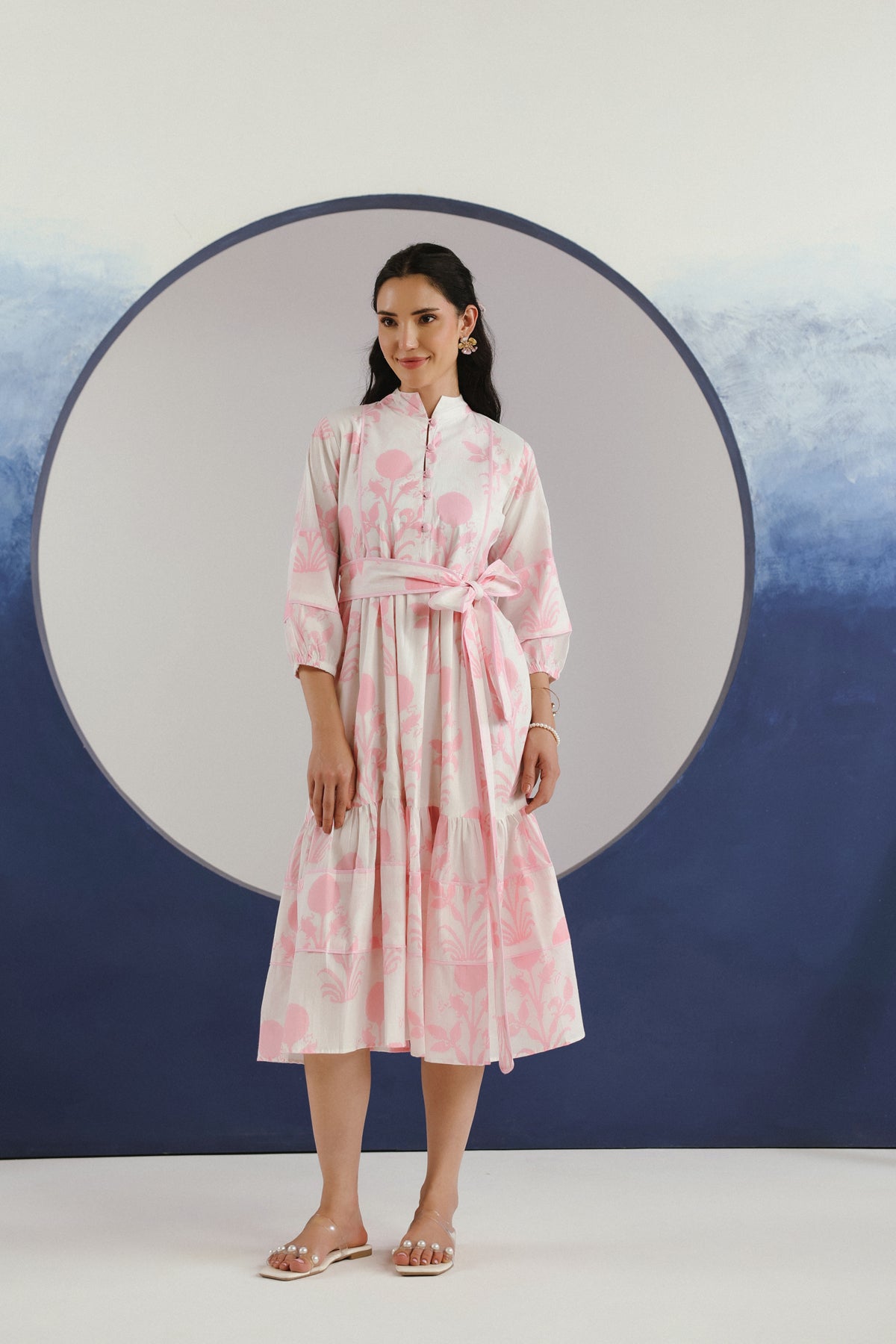 Pink Floral Printed Cotton Midi Dress With Mandarin Collar