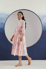 White & Pink Floral Printed Mandarin Collar Cotton Midi Dress